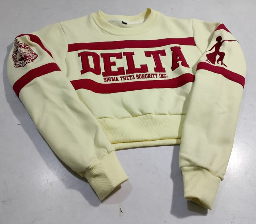 Delta Sigma Theta Sorority Inc. Cream & Crimson Embroidered Crop Sweatshirt