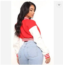 Load image into Gallery viewer, Delta Sigma Theta Crop Varsity Jacket! In Red or Black! Butter Soft Real Leather Sleeves!
