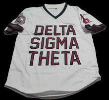 Load image into Gallery viewer, V-Neck Varsity Jersey Tee – White with Crimson Embroidery
