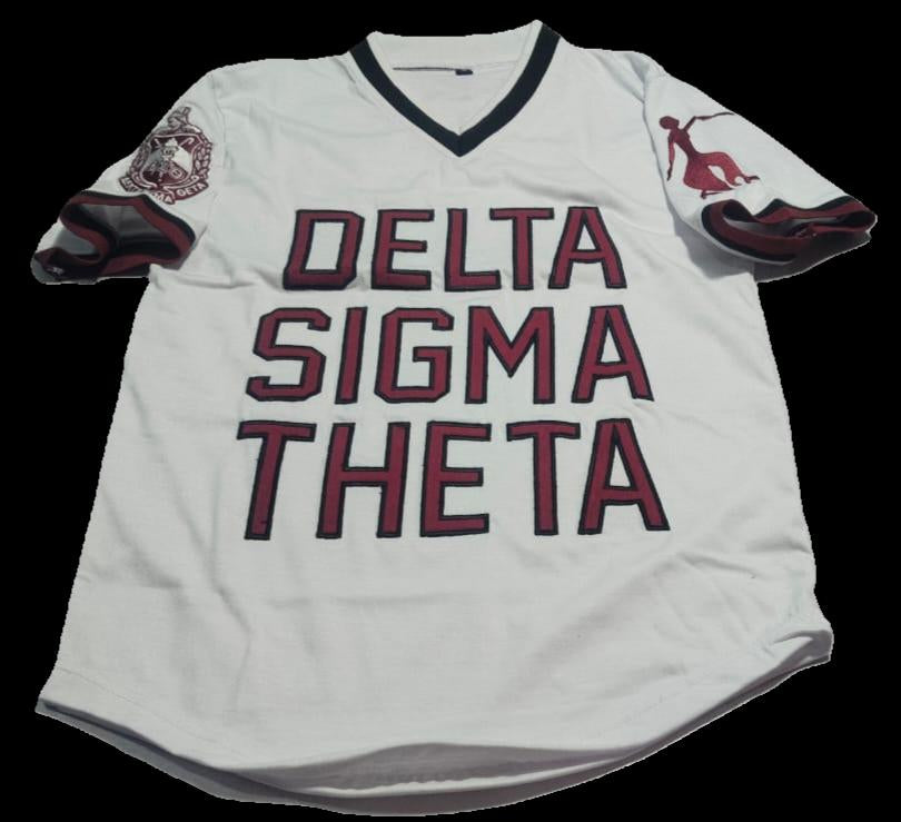 V-Neck Varsity Jersey Tee – White with Crimson Embroidery