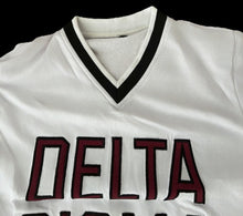 Load image into Gallery viewer, V-Neck Varsity Jersey Tee – White with Crimson Embroidery
