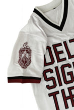 Load image into Gallery viewer, V-Neck Varsity Jersey Tee – White with Crimson Embroidery
